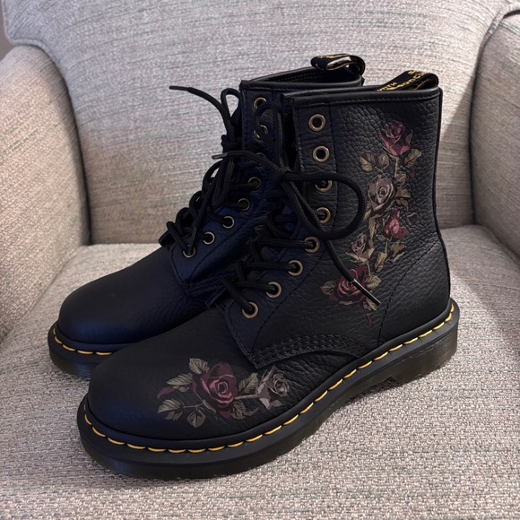 Dr. Martens Shoes - Dr. Martens 1460 Vonda Black Rose Floral Rose Leather Boots Womens Size 7